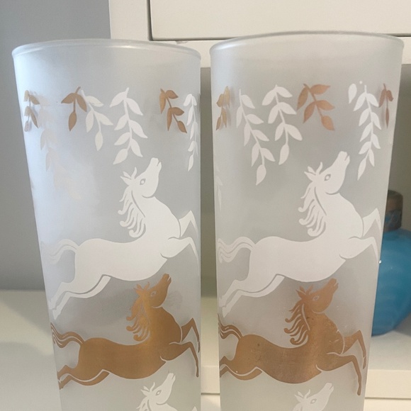Libbey Frosted Highball Glasses White & Gold Cavalcade Galloping Horse Barware - Picture 2 of 10
